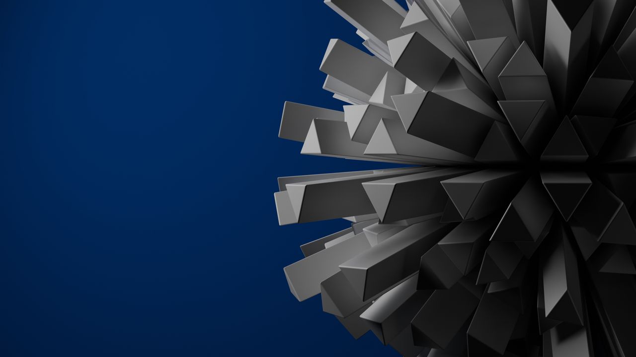 Dynamic 3D geometric shapes creating a modern abstract design set against a deep blue backdrop.